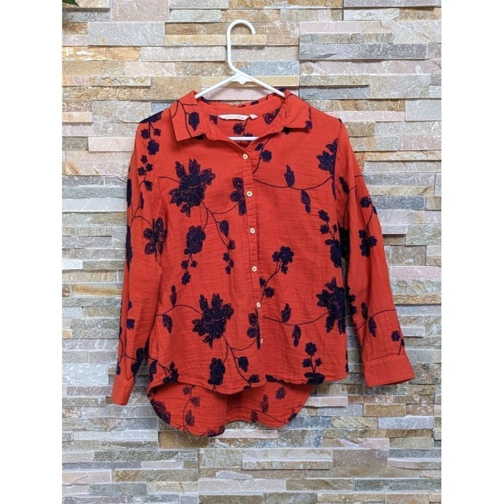Soft Surroundings Orange Pergola Embroidered Button Down Womens Size PM